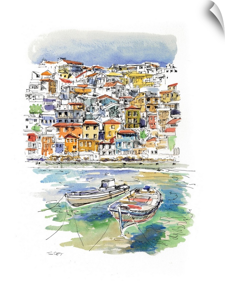 A lovely pen and ink rendering of a European coastal village