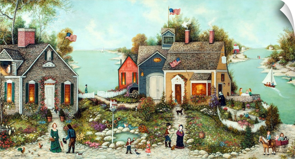 A contemporary painting of a bay side village scene.