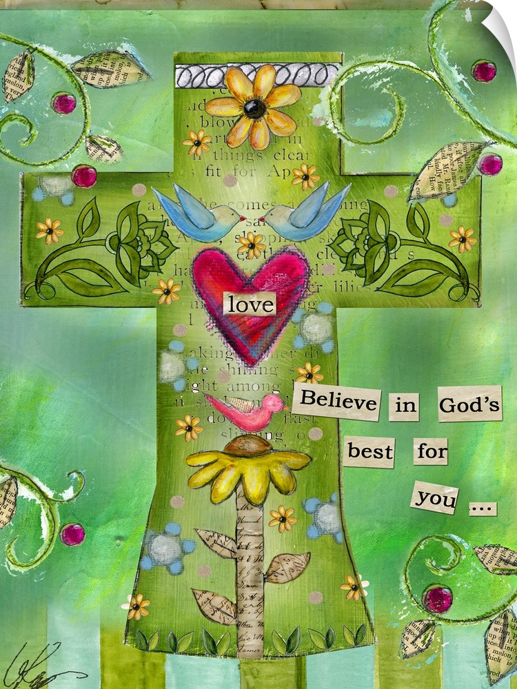 A mixed media Christian artwork depicting a cross filled with elements of love such as flowers, hearts, and birds, with th...