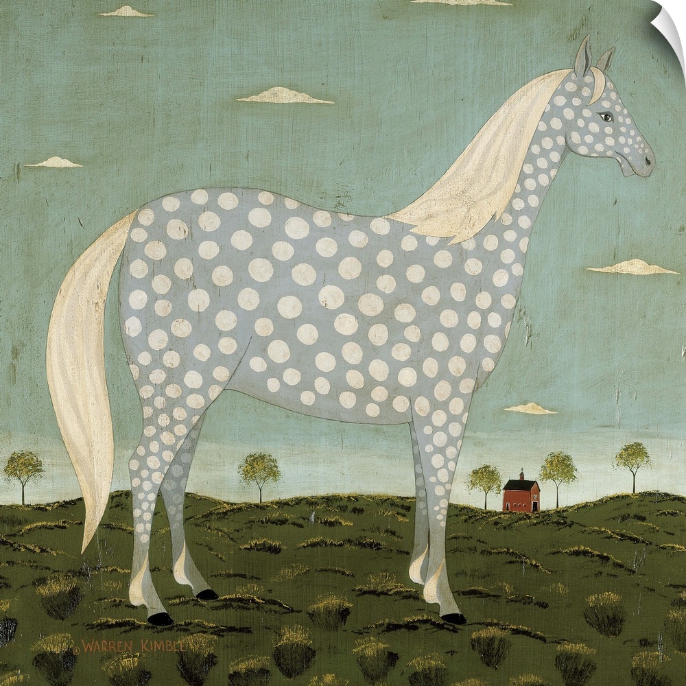 Large illustration of a horse with polka dots standing in a field.
