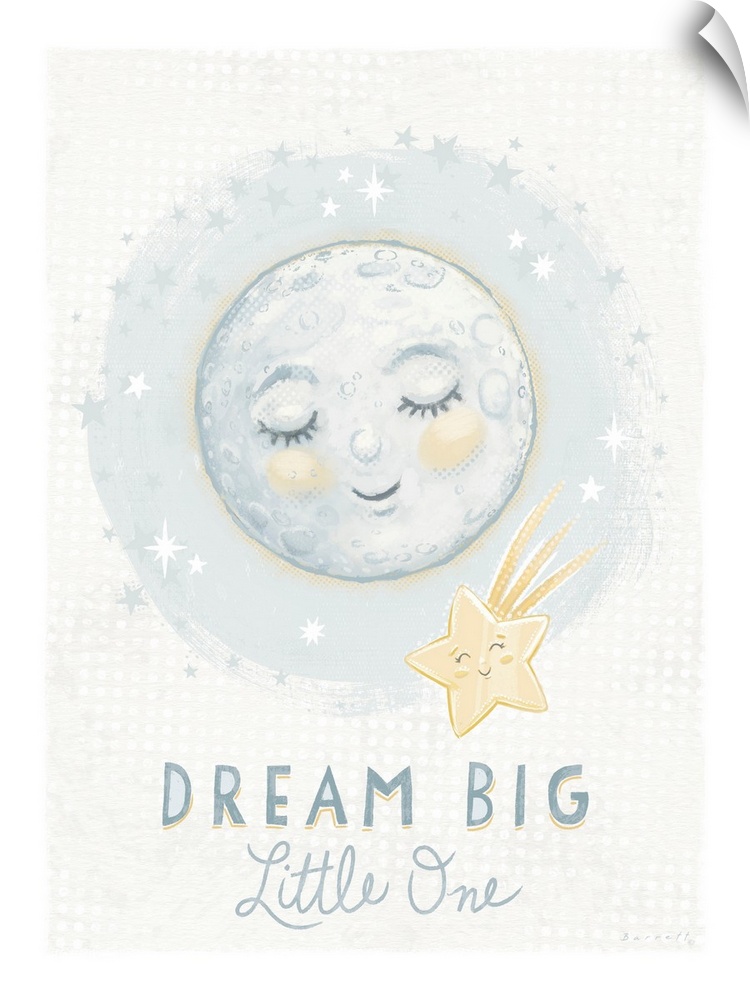 A sweet and softly rendered painting of a moon and staroperfect for any nursery.