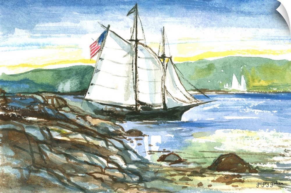 Watercolor painting of a sailing ship near the rocky coastline.