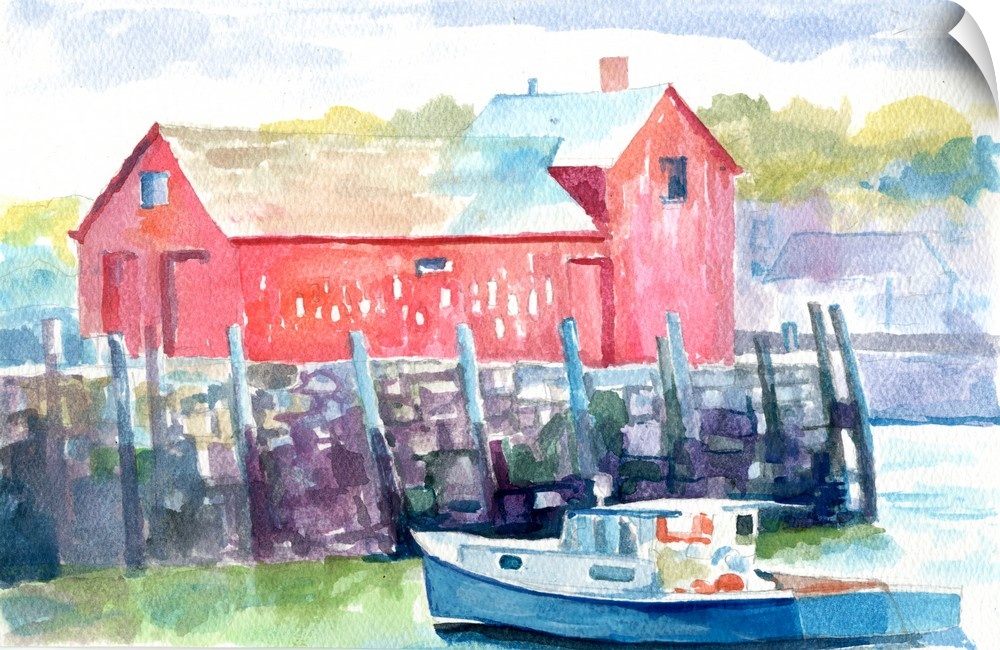 Watercolor painting of a red house and a fishing boat on in a seaside town.