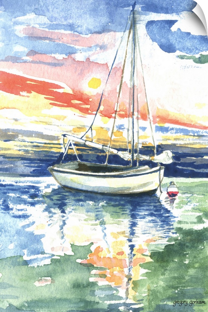 Watercolor painting of a sailboat on the ocean at sunset.