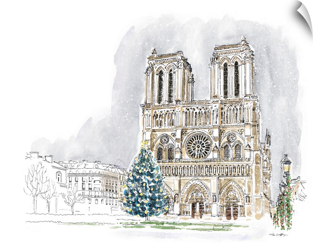 A lovely pen and ink depiction of a European cathedral at Christmas