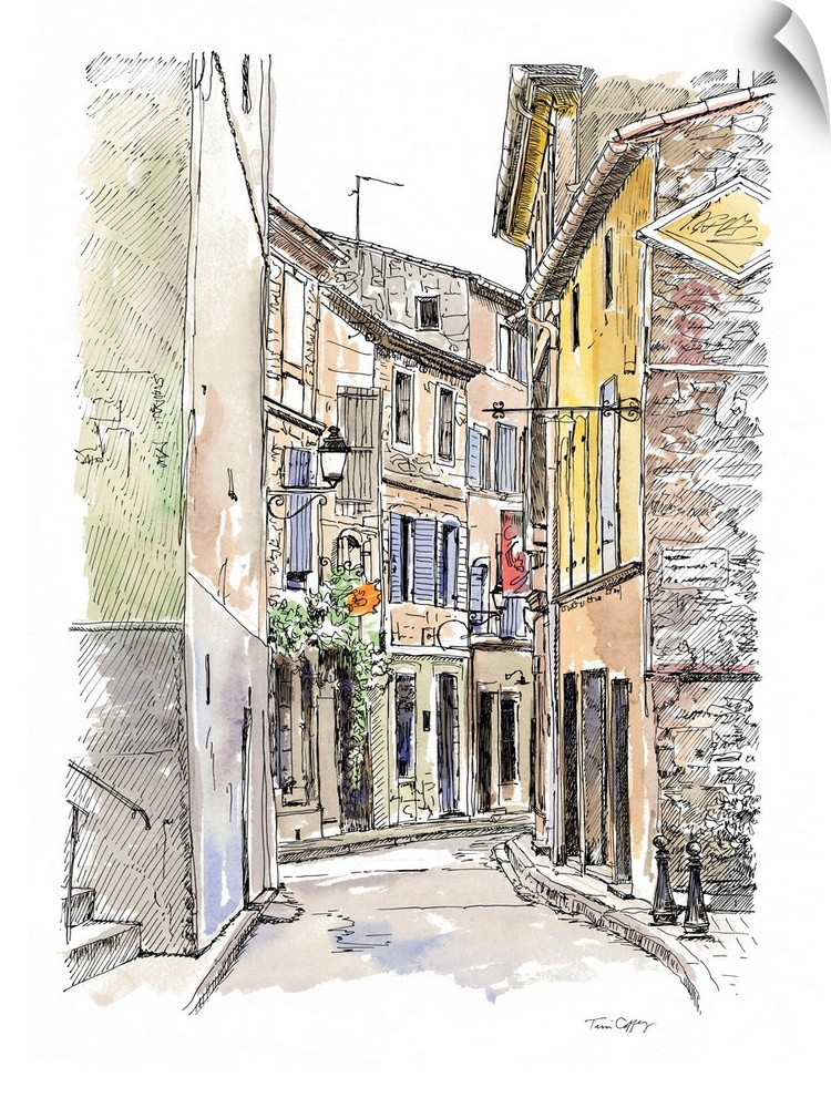 A lovely pen and ink depiction of a European back alleyway.