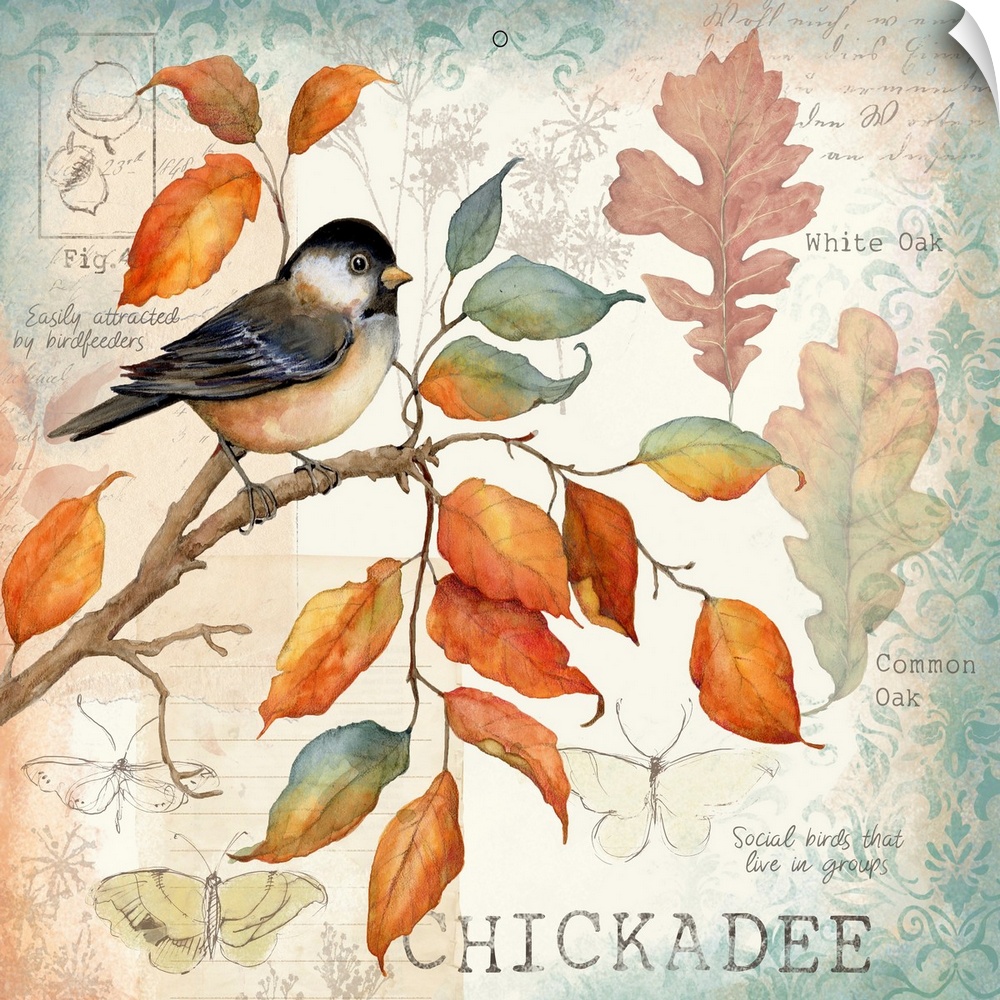 Botanical bird scene captures the warmth of the autumn palette.