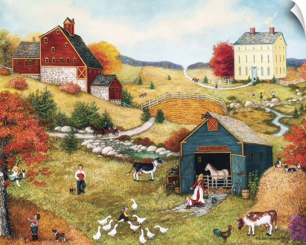 A contemporary painting of a countryside village scene in autumn.