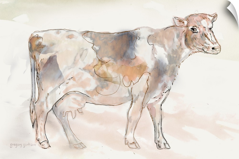 Pastel watercolor portrait of a dairy cow.