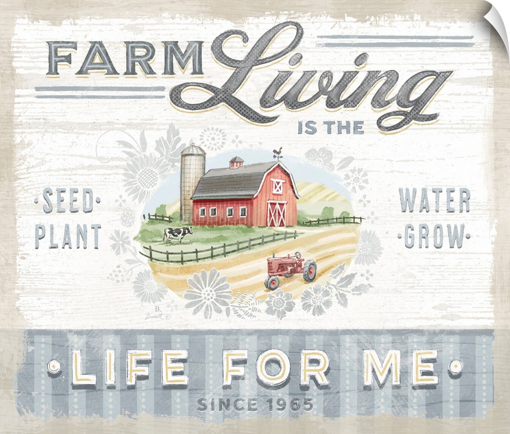 Vintage farmhouse signage of a red barn evokes a sophisticated country style