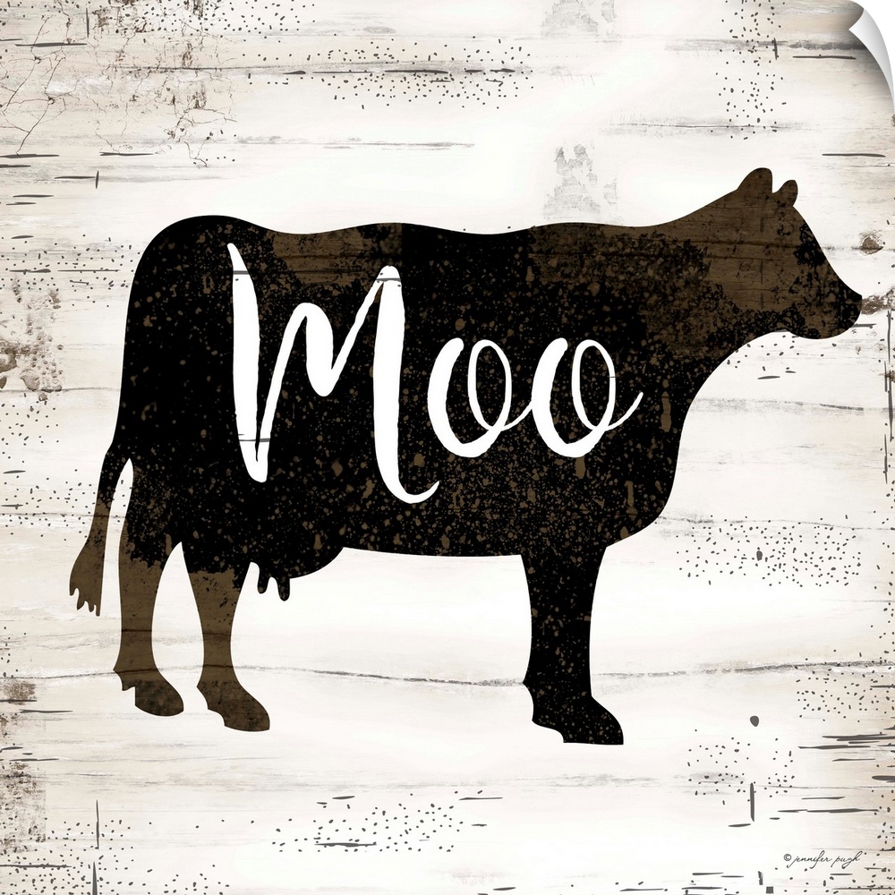 Graphic art of the silhouette of a cow with script text overlapping it, on a a horizontally striped rustic, textured backg...