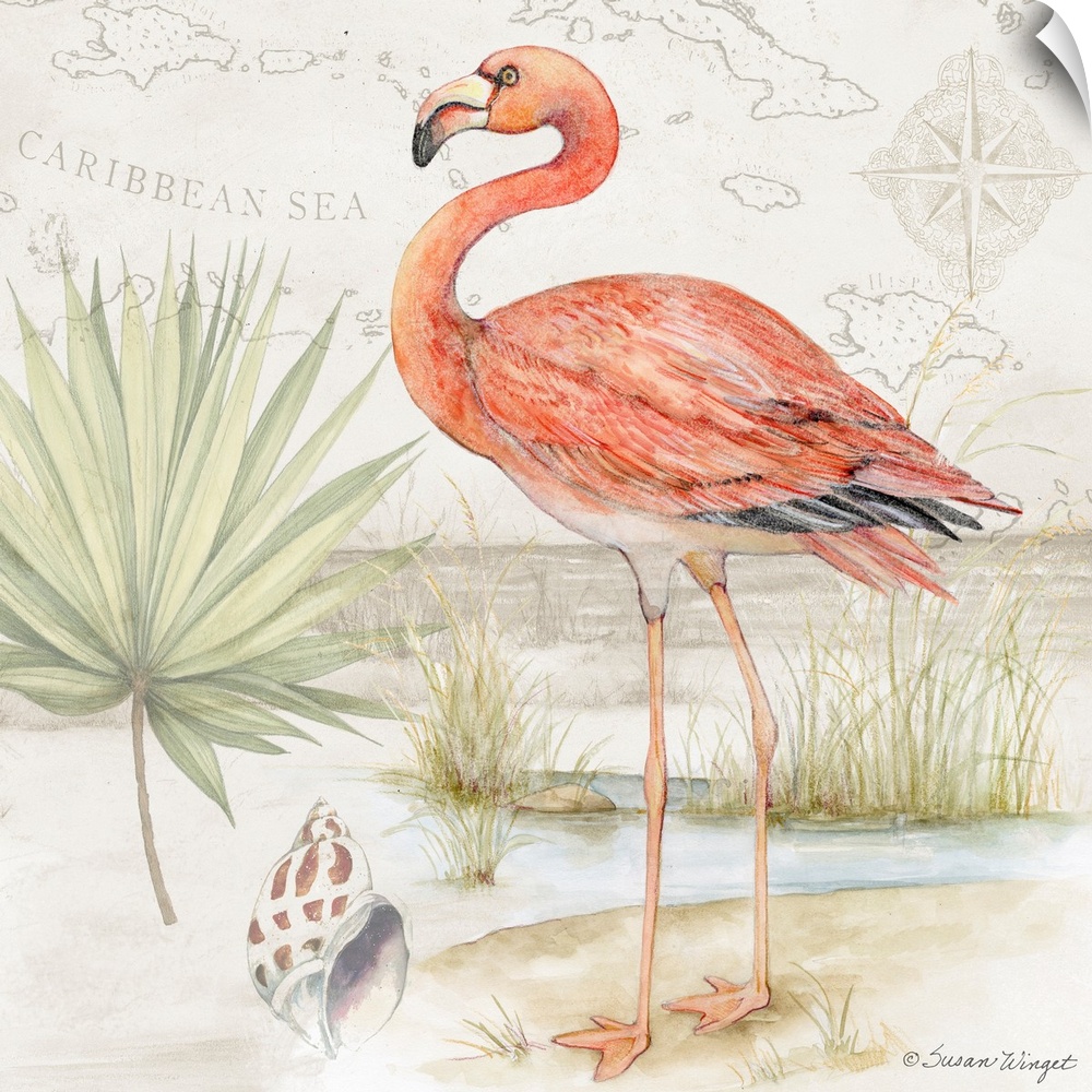 Softly hued scene featuring a striking pink flamingo is a subtle and tasteful coastal statement.