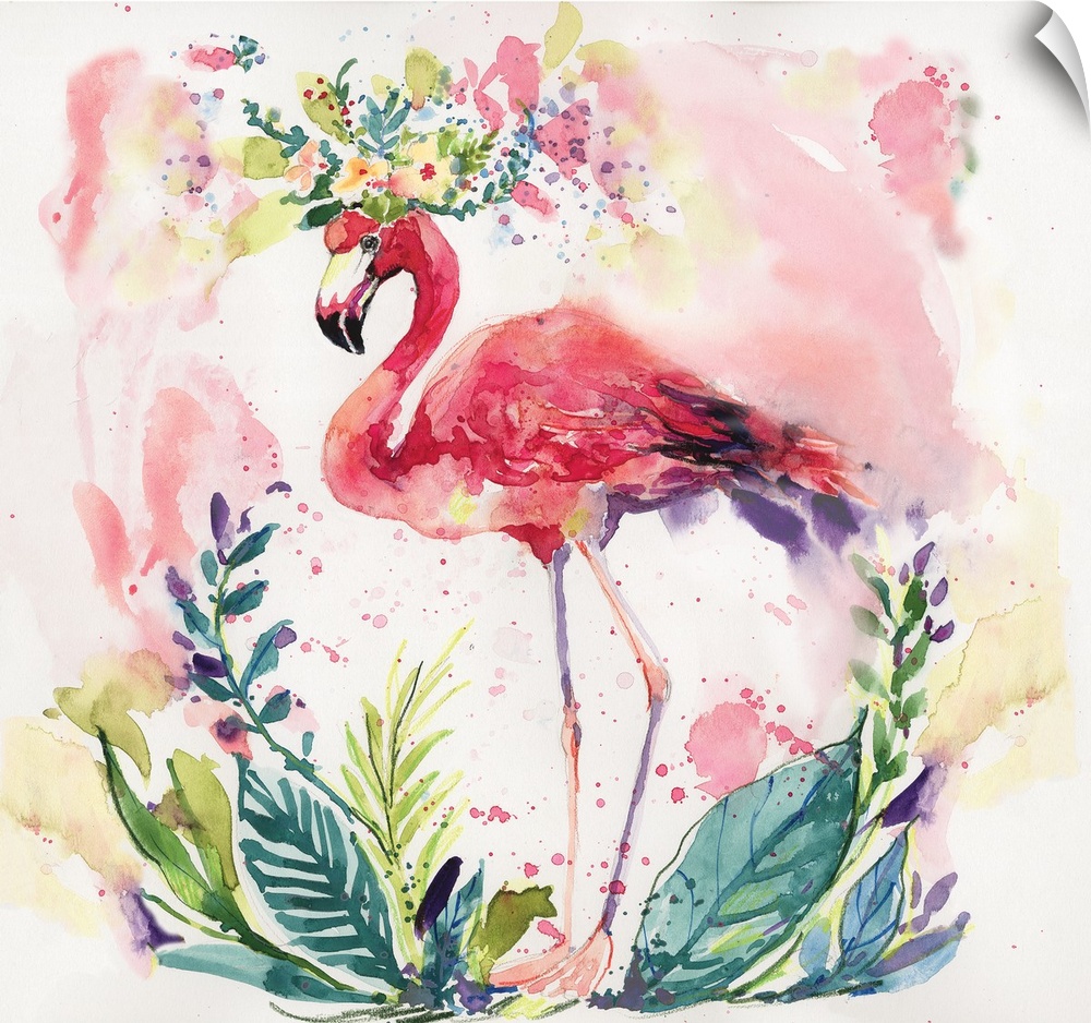 The classic flamingo is given a colorful and lush treatment