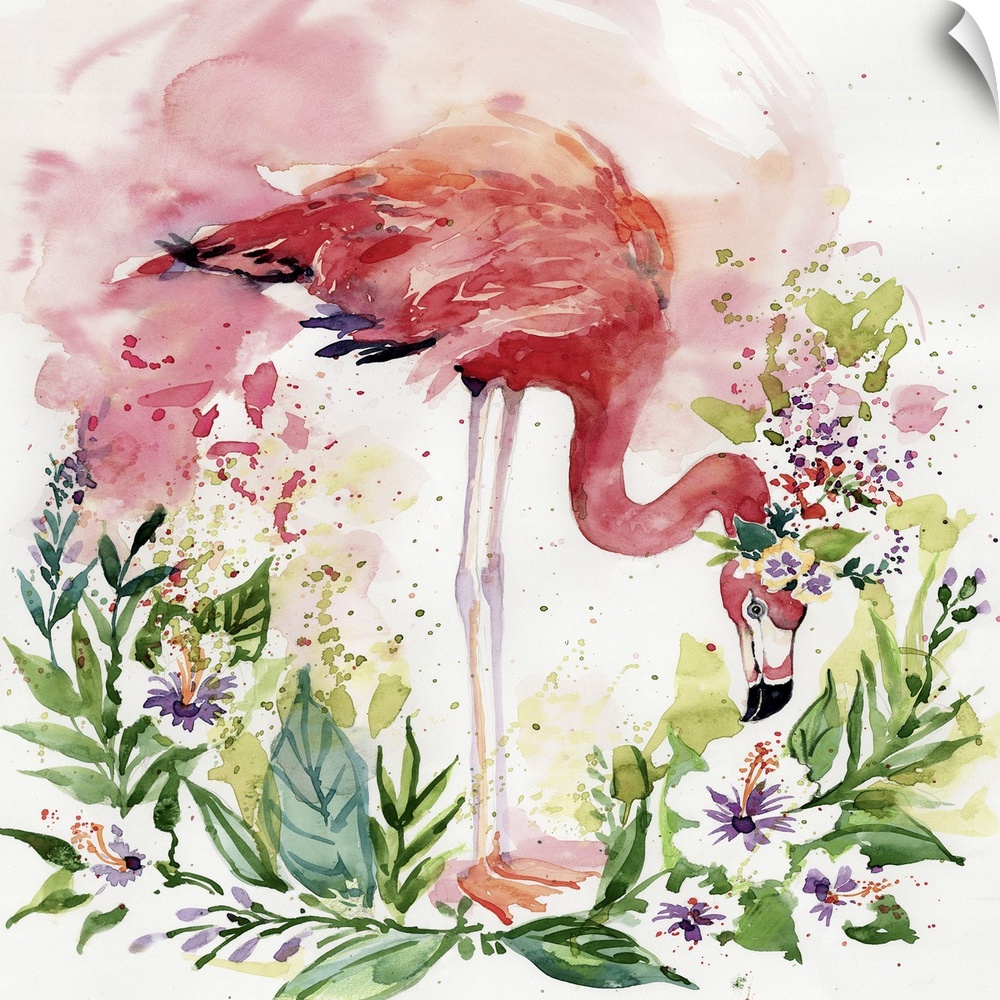 The classic flamingo is given a colorful and lush treatment