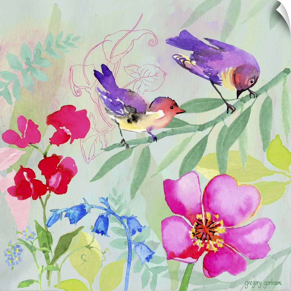 Bright and colorful garden aviary image adds soft design element to a room.