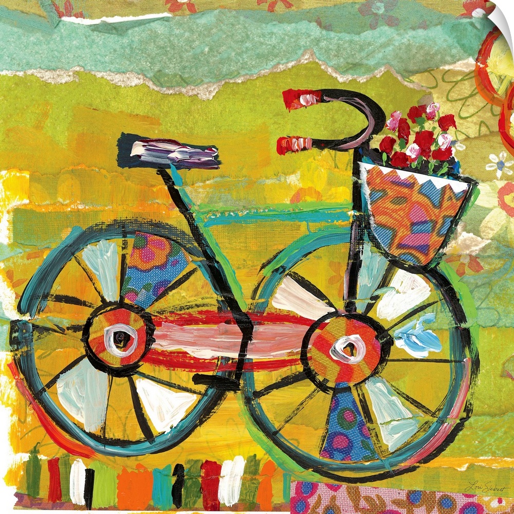 Square contemporary painting of a bike with flowers in a basket.