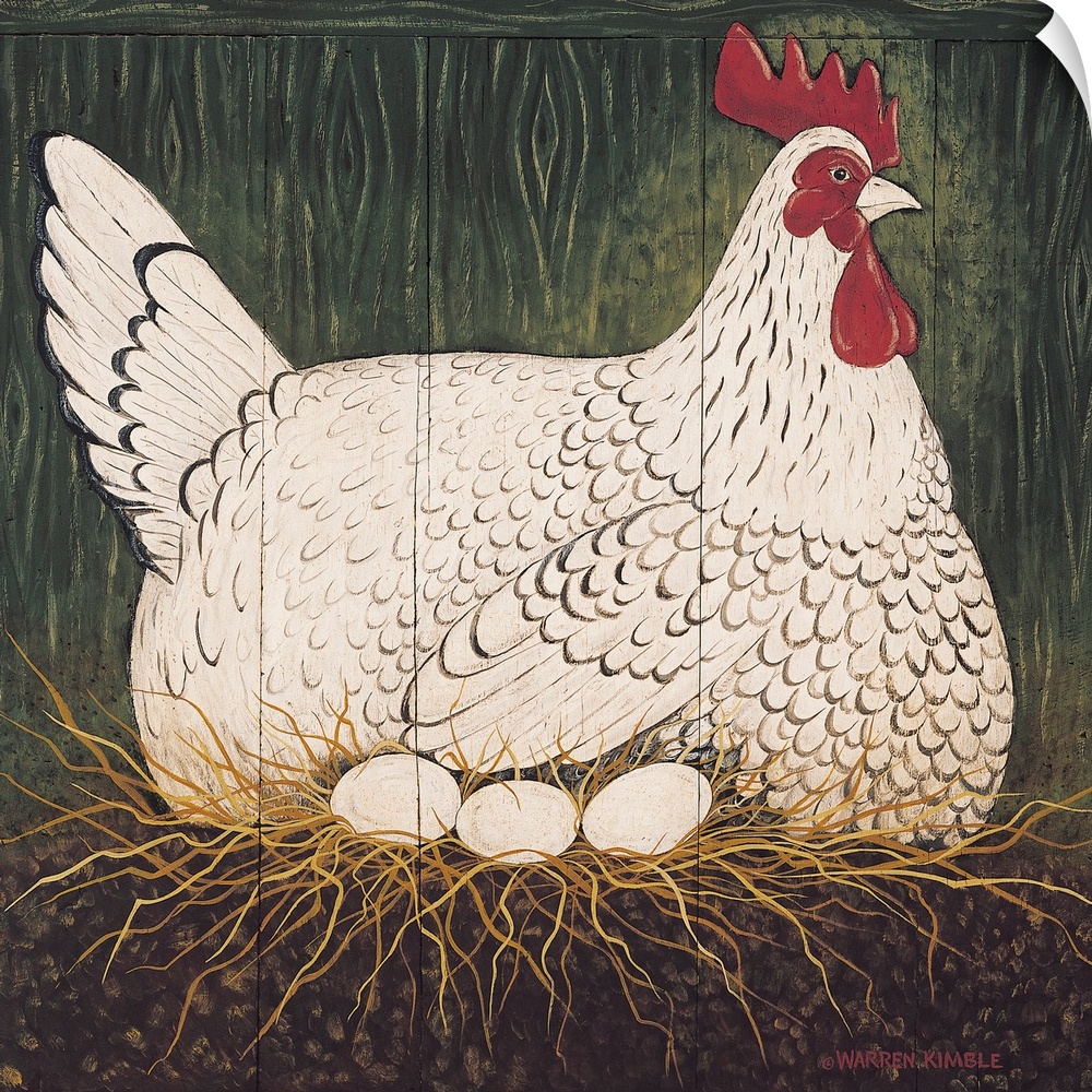 Americana farm animal scene.  Image of a large chicken sitting in its nest with three eggs on panel wood pieces.