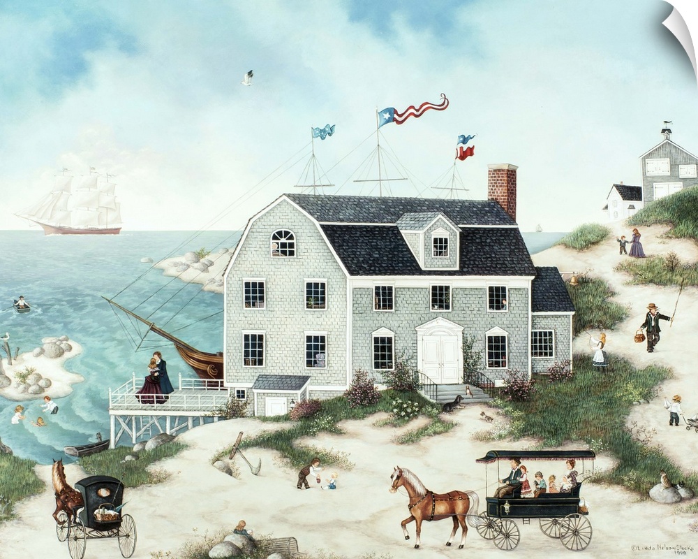 A contemporary painting of a bay side village scene.