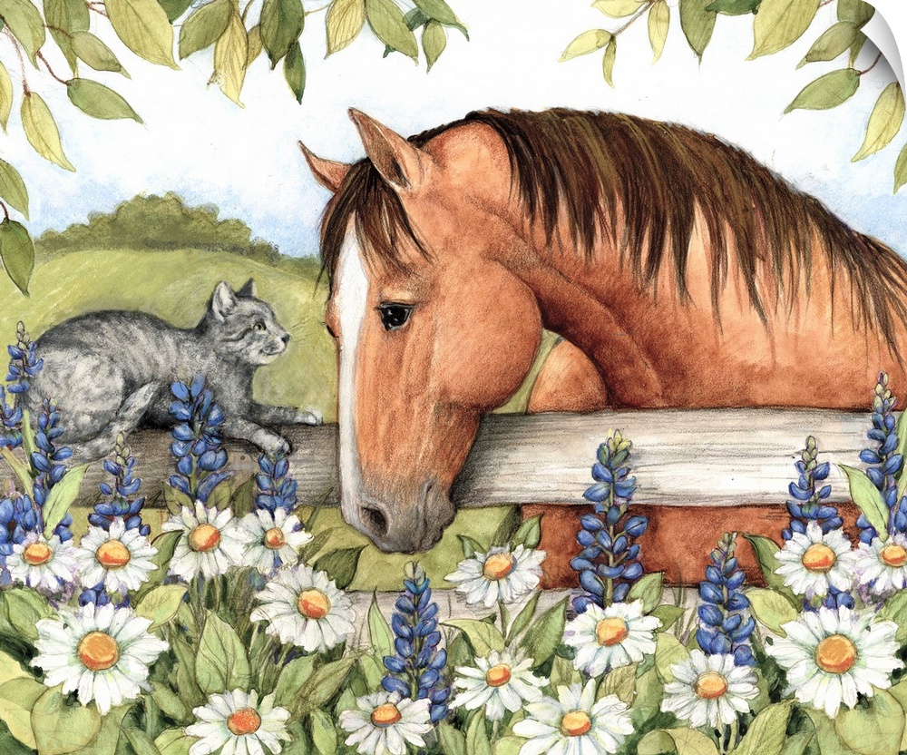 Charming vignette of Horse with Cat, country friends.