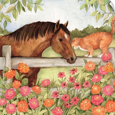 Horse and Cat in Zinnias