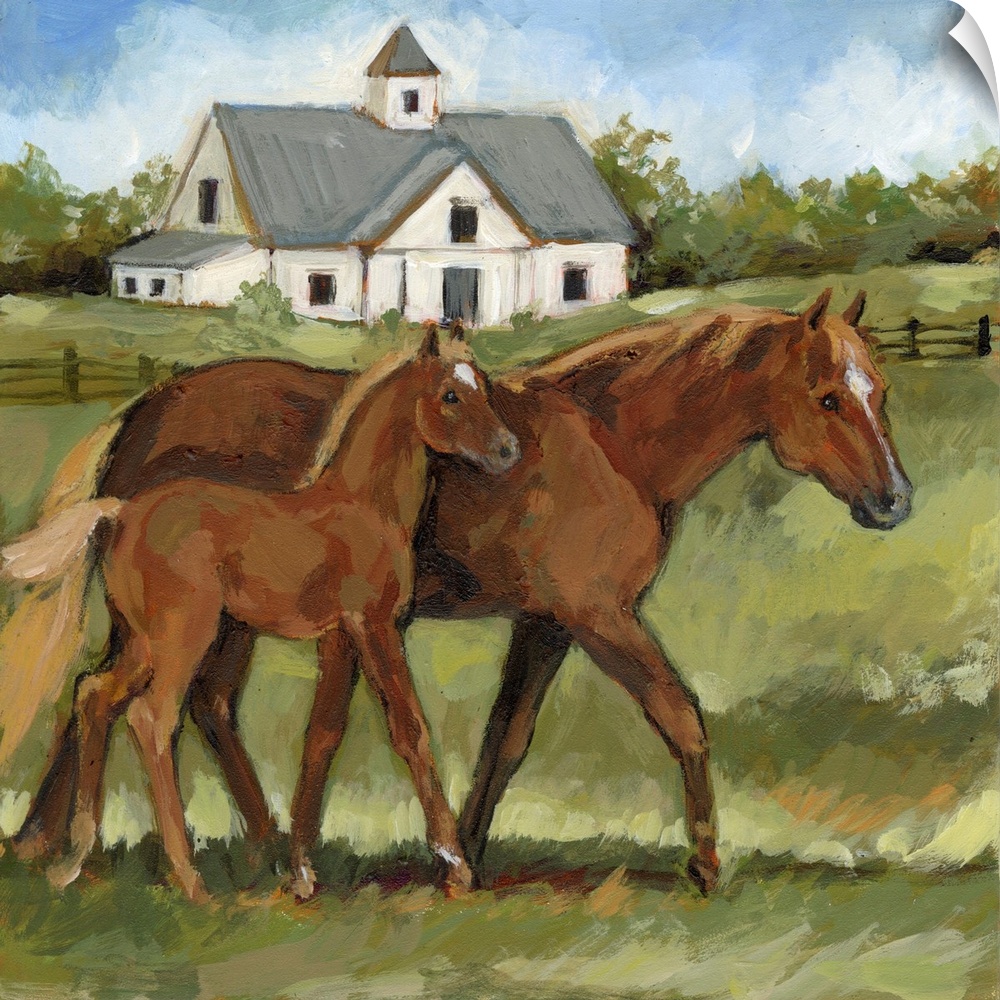A richly depicted horse farm features the gentle interaction between mare and her foal