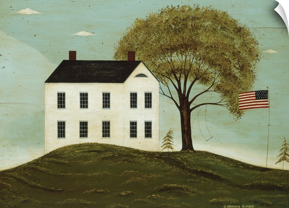 Landscape, folk art painting on a large canvas of a two story house on a hill, with a large tree in the yard where a swing...