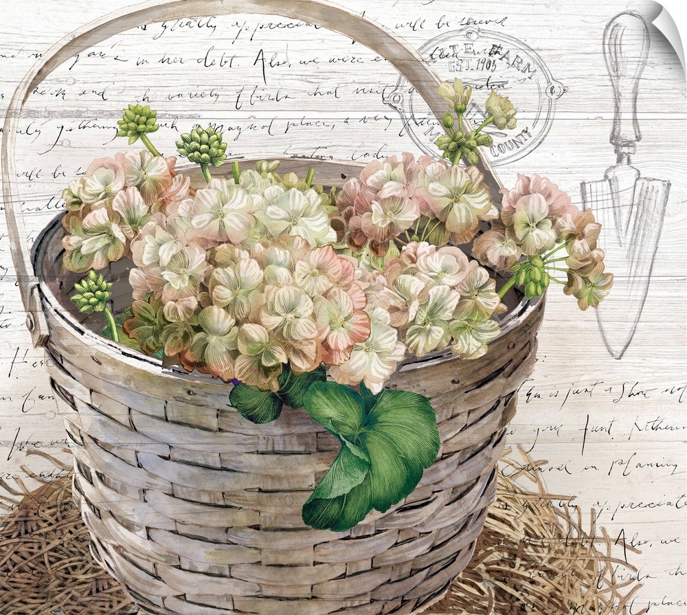This farmhouse-style hydrangea basket in neutral tones adds sophisticated country to any decor.