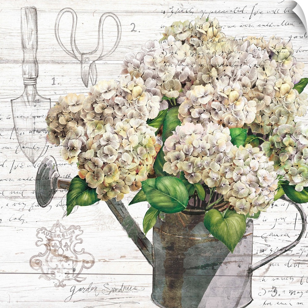 This farmhouse-style hydrangea-filled watering can in neutral tones adds sophisticated country to any decor.