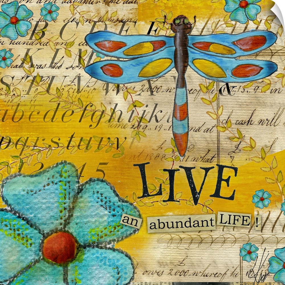 Square, oversized home art docor in vibrant colors, of various flowers and a large dragonfly over a background of collaged...