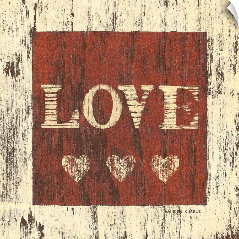 Inspirational artwork of the word ""LOVE"" with three hearts underneath in a red square painted over a wood panel texture.