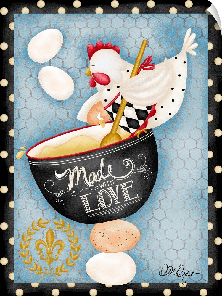 Whimsical hen with Made with Love message charming kitchen art.
