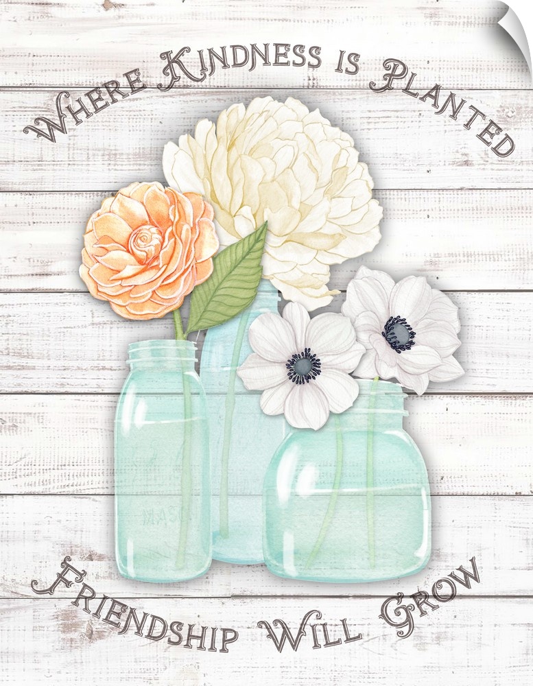 Mason jar with flowers on wood planking are anchored with a touching sentiment