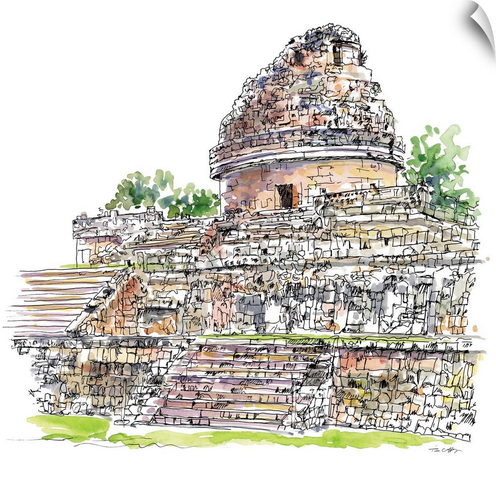 A lovely pen and ink depiction of ancient Mayan ruins