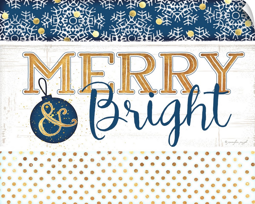 This jubilant decor consists the words, "Merry and Bright" with splashes of gold color and snowflakes.