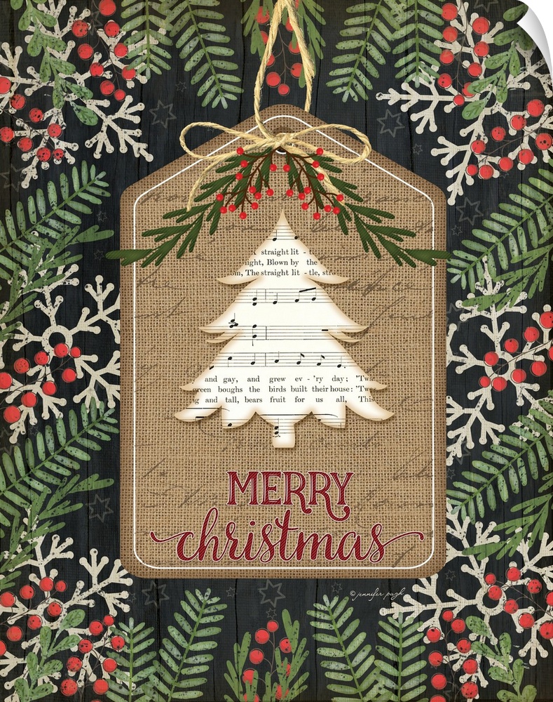 Christmas decor featuring a tree cut out of sheets of music and the words, "Merry Christmas" .