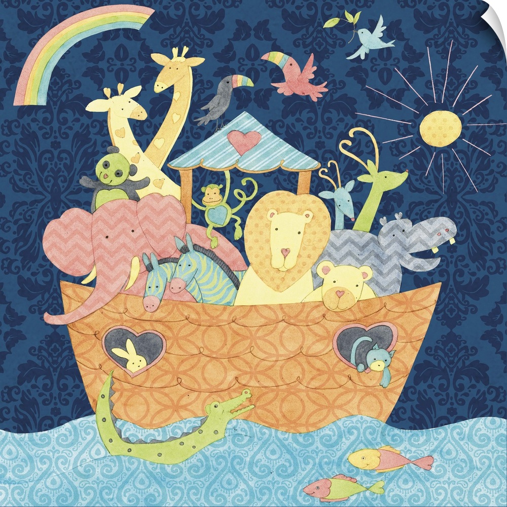 Noah's Ark is sweetly depicted hereperfect for baby's room.