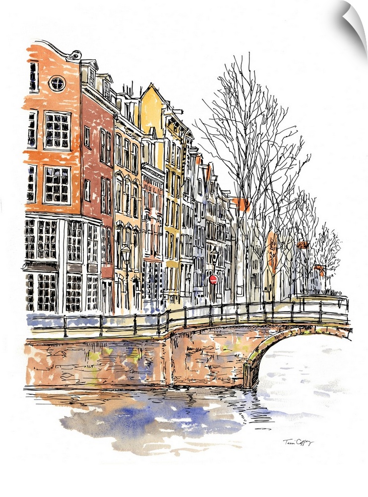 A lovely pen and ink depiction of a northern European canals.