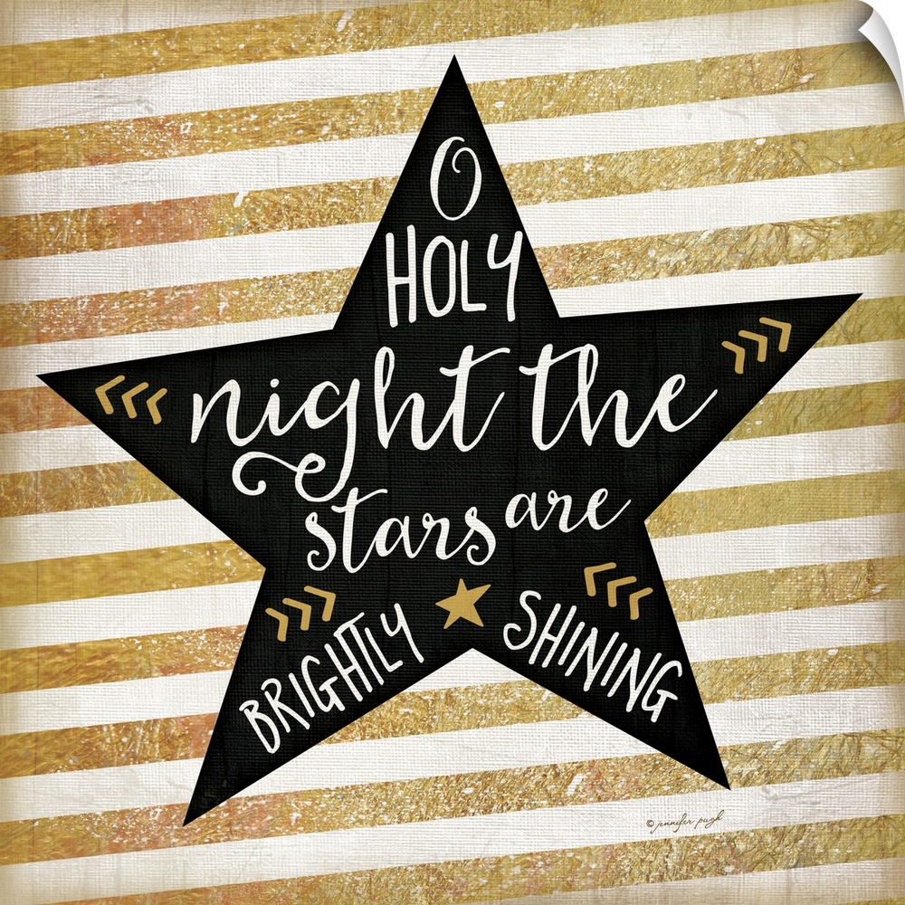 Contemporary artwork of a black star with white handlettering against a background of gold and white stripes.