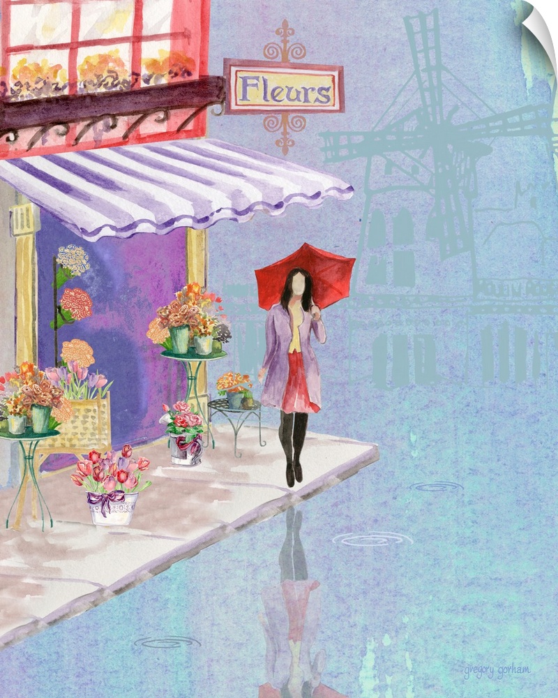 A delicate watercolor scene evokes a rainy romantic Paris in the spring.