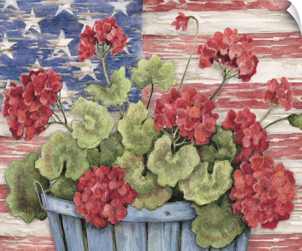 Geraniums with a flag backdrop evoke Americana.