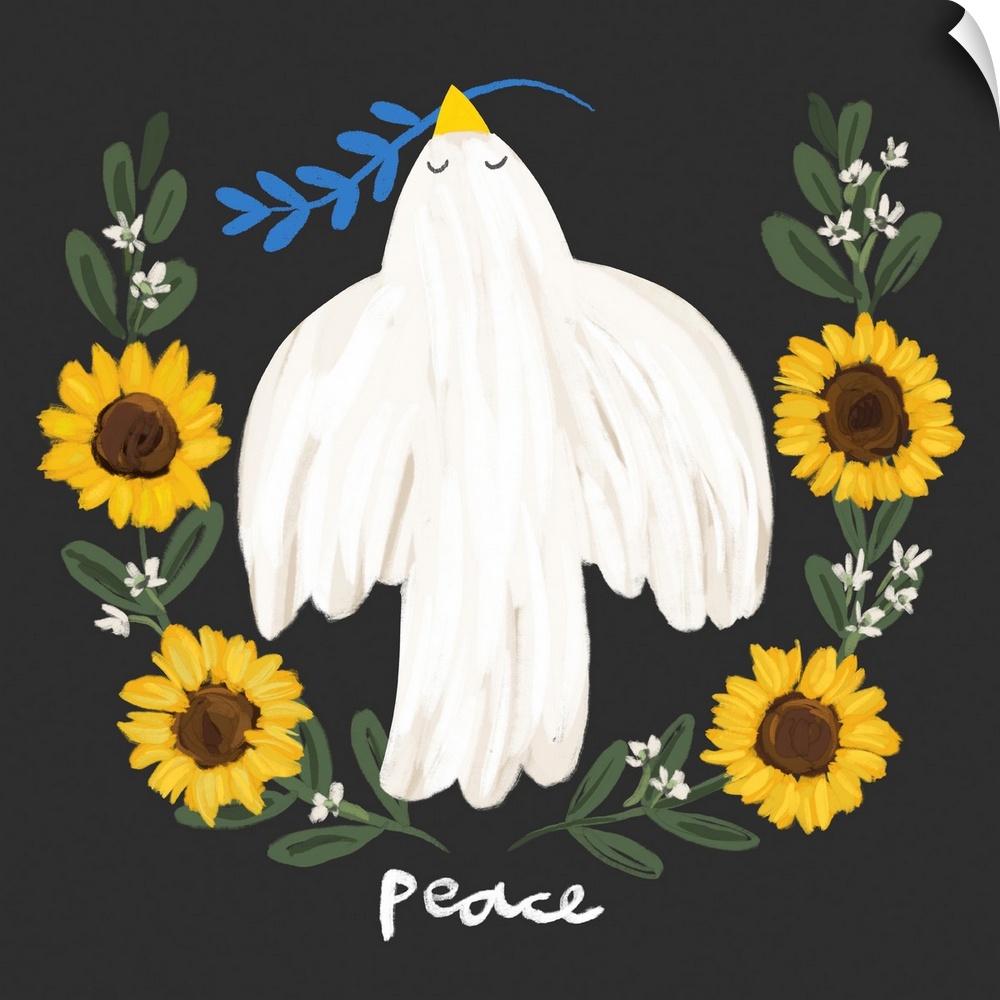 An impactful image of a dove and sunflowersothe common refrain for peace in Ukraine
