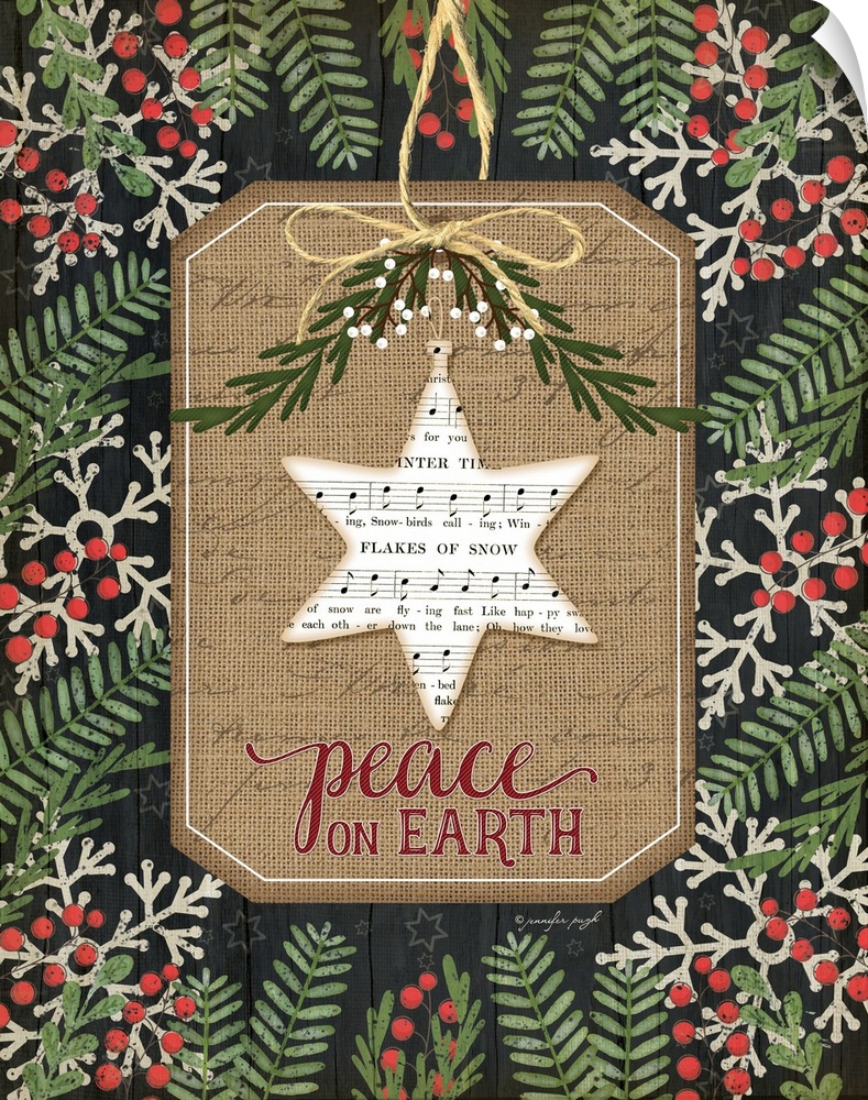 Christmas decor featuring a star of david cut out of sheets of music and the words, "Peace on earth" .