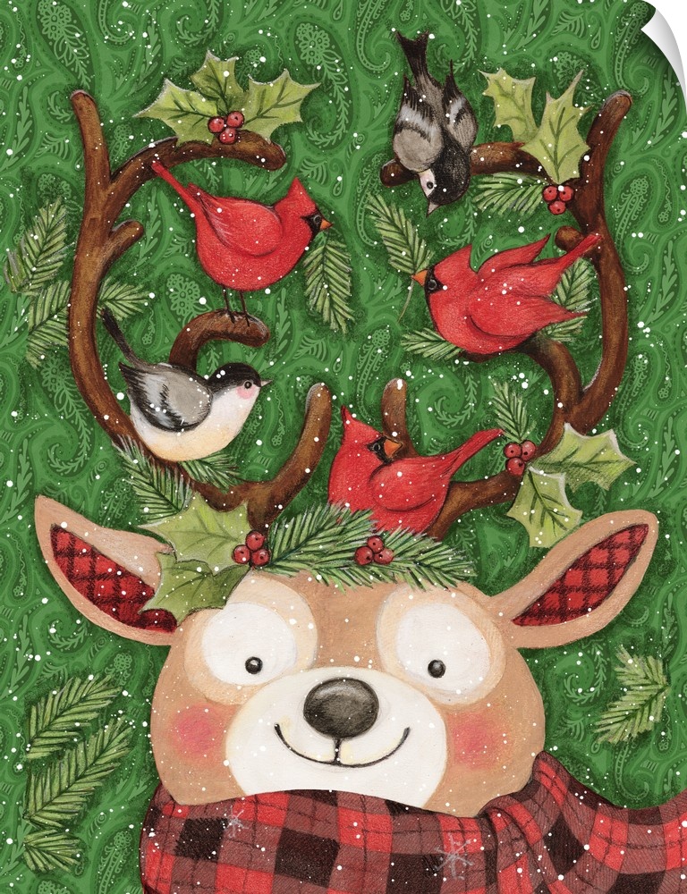 Whimsical Reindeer with his cardinal friends capture the fun of the holiday!