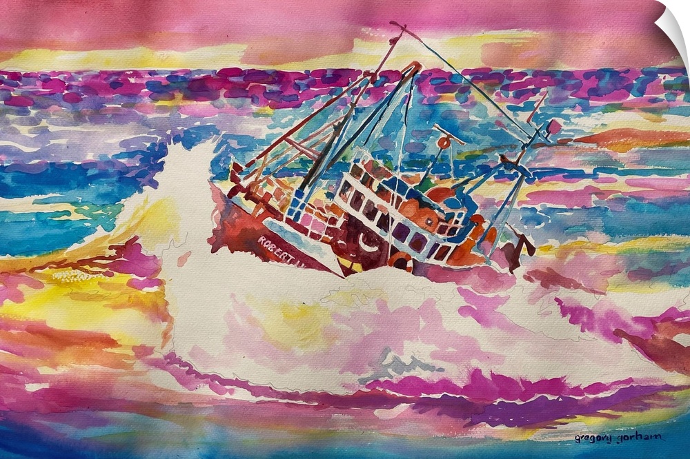 A dynamic boat scene that captures the color and kinetics of the sea