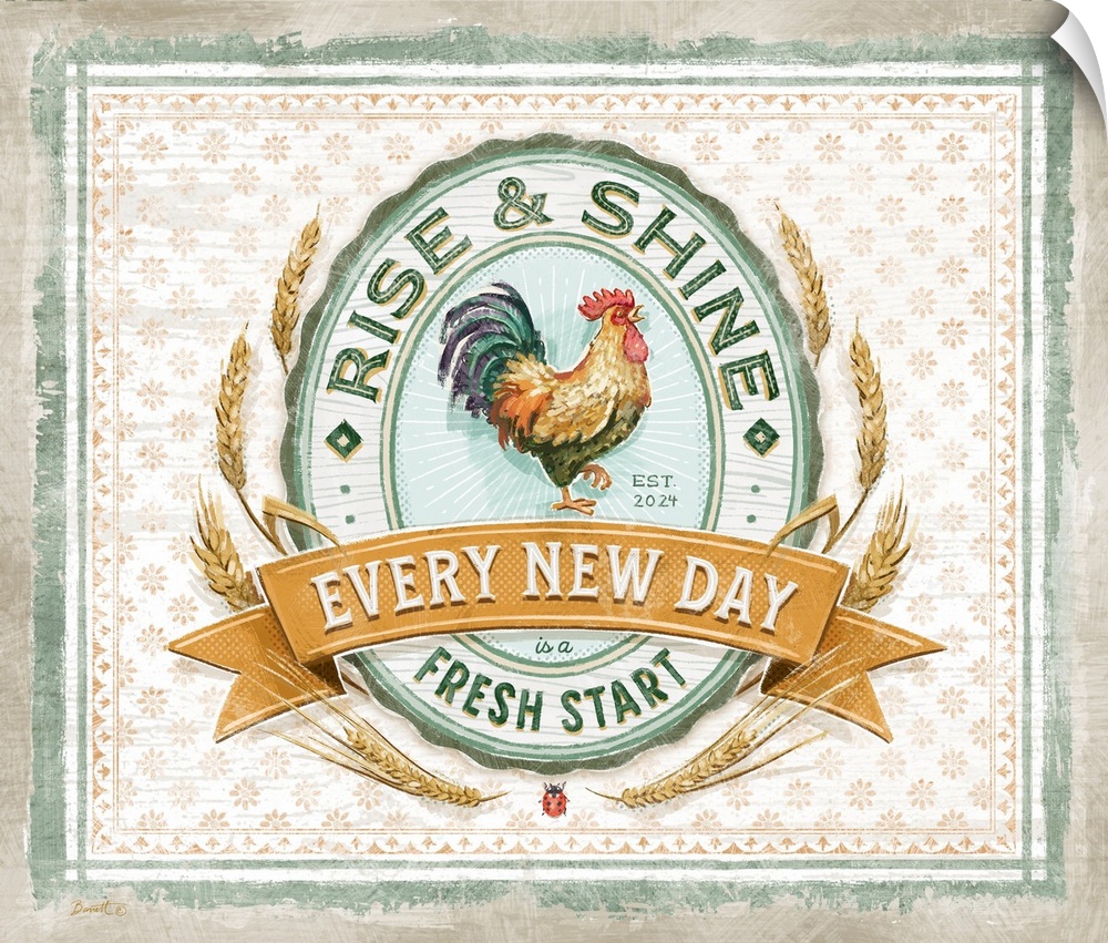 Vintage farmhouse signage of the proud rooster evokes a sophisticated country style