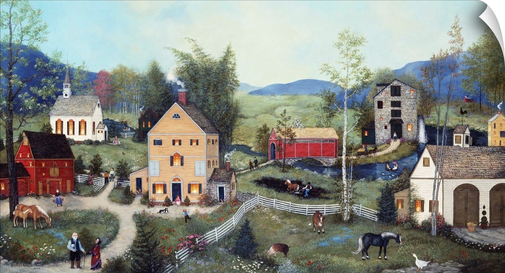 A contemporary painting of a countryside village scene.