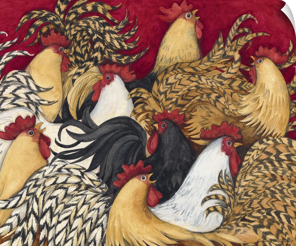 Colorful, intricate rooster imagery with rich palette great for kitchen, dining room, home decor.