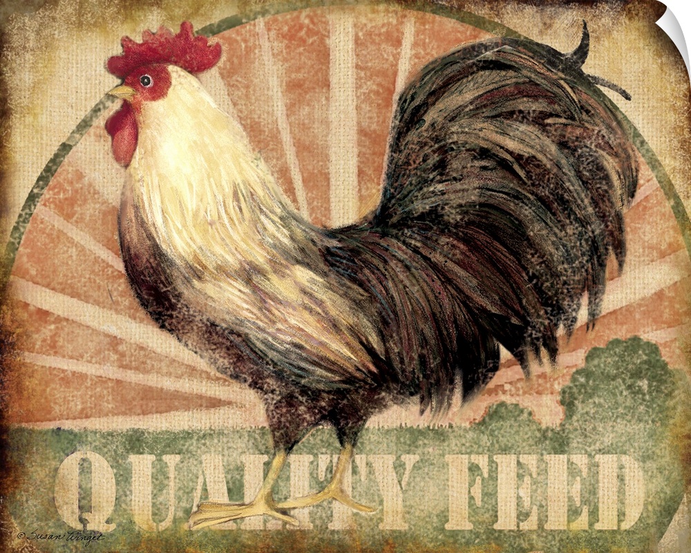 Sophisticated country rooster on burlap seed bag treatment