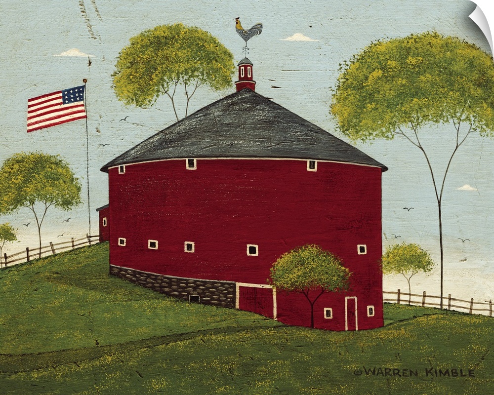 Horizontal, folk art painting on a big wall hanging of a red, round barn on a hillside, surrounded by trees and an America...