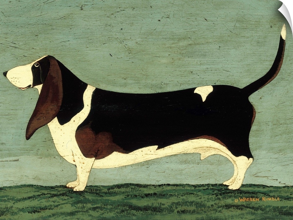 This whimsical drawing is of a beagle dog standing on a patch of grass with the sky behind it that appears to be scratched.